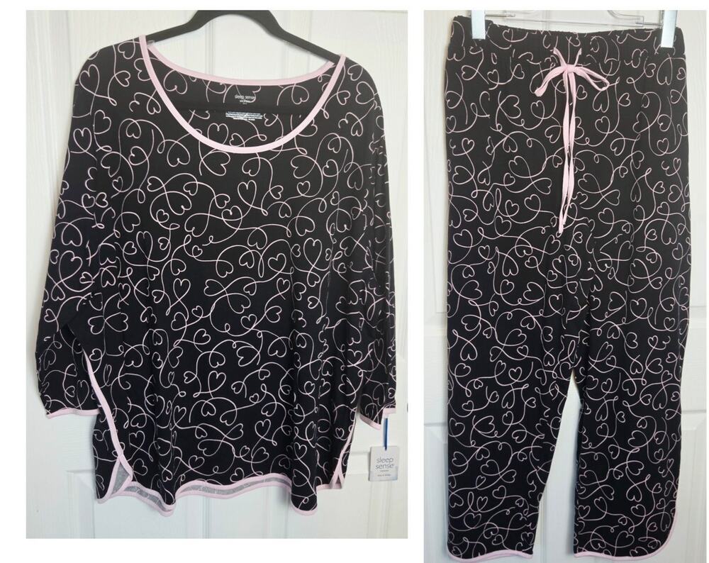 Sleep Sense Pajama Set Womens 2X 3X Black Pink Heart Print Top Pants Lounge New